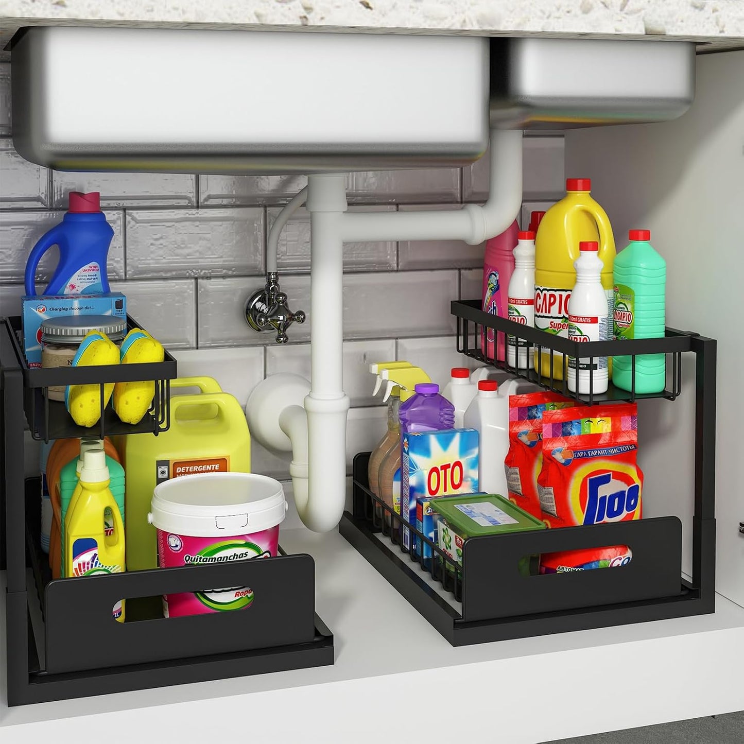 Under Sink Organizer, Pull Out Cabinet Organizer 2 Tier Slide Out Sink Shelf Cabinet Storage Shelves,2 Pack