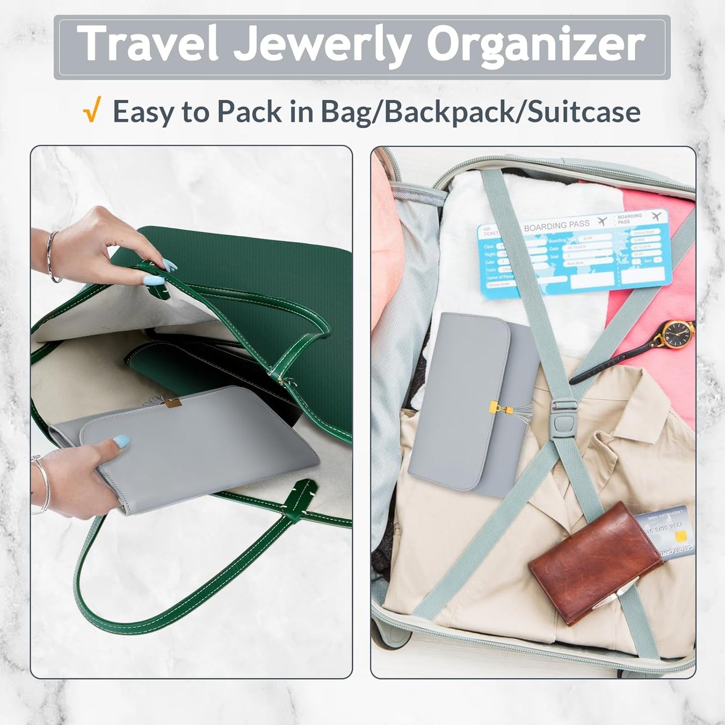 Jewelry Travel Organizer , Portable Leather Jewelry Storage Roll Bag Envelope Clutch