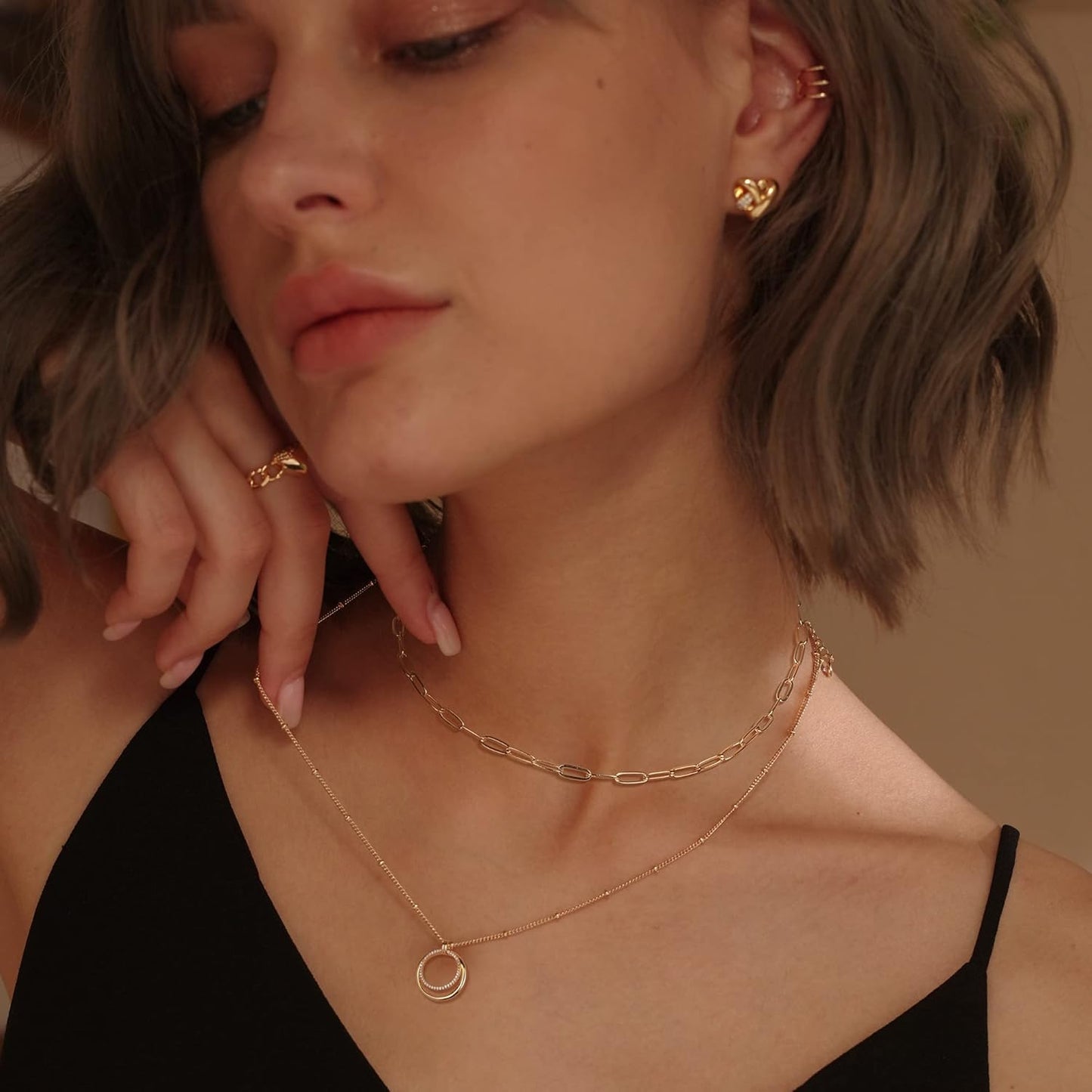 Layered Heart Necklace, Handmade 18K Gold Plated Dainty Choker With Arrow Bar Pendant for Women