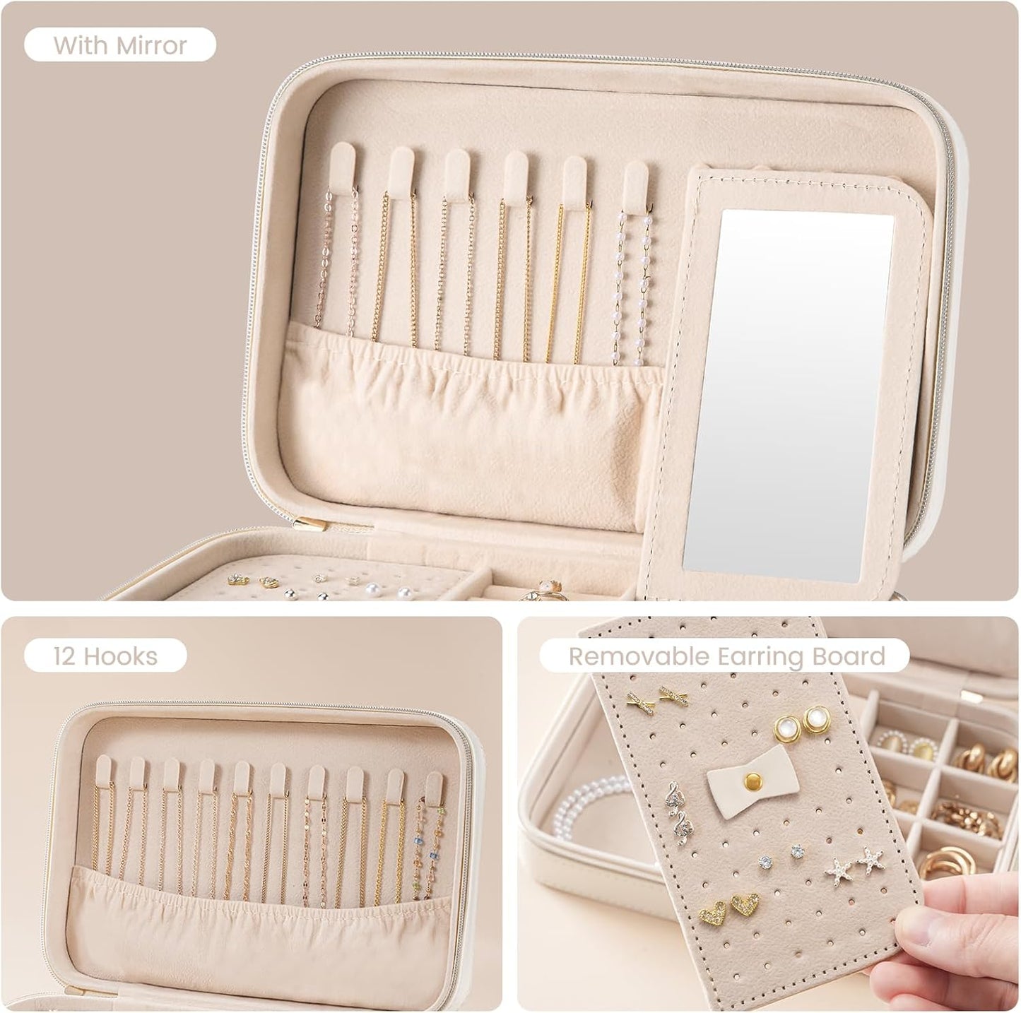 Travel Jewelry Organizer Box with Mirror & Clear Storage Bag, Small Portable Traveling Earring Necklace Bracelet Ring Case