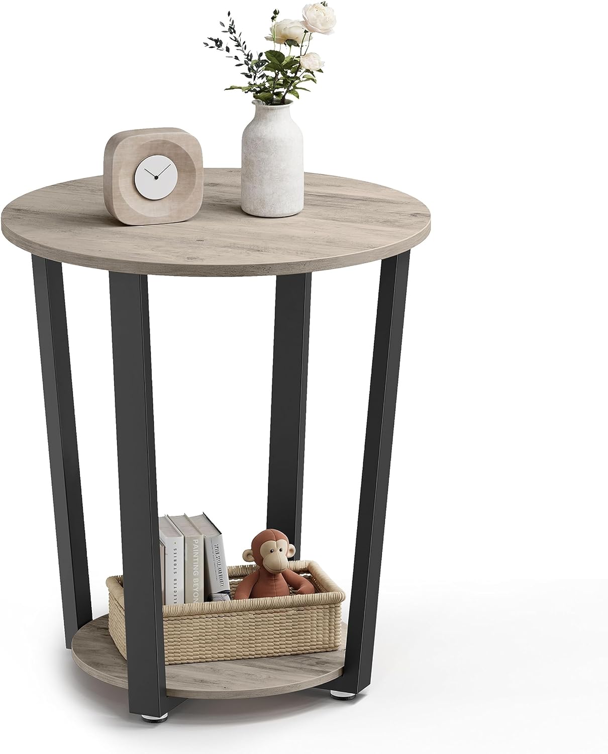 Round Side End Table, 2-Tier Accent Bedside Table with Storage Shelf, Easy Assembly