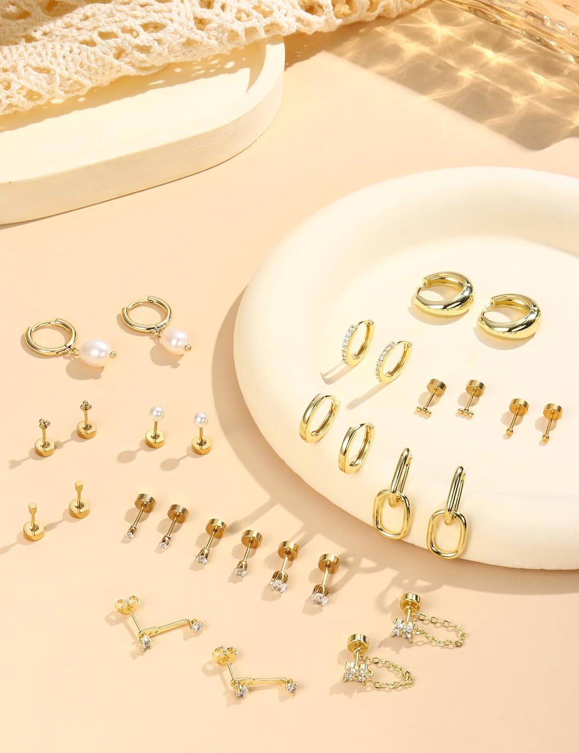 Flat Back Earrings for Women Surgical Steel Earrings for Sensitive Ears-20G Cartilage Earring Stacks Gold Hoops Flatback