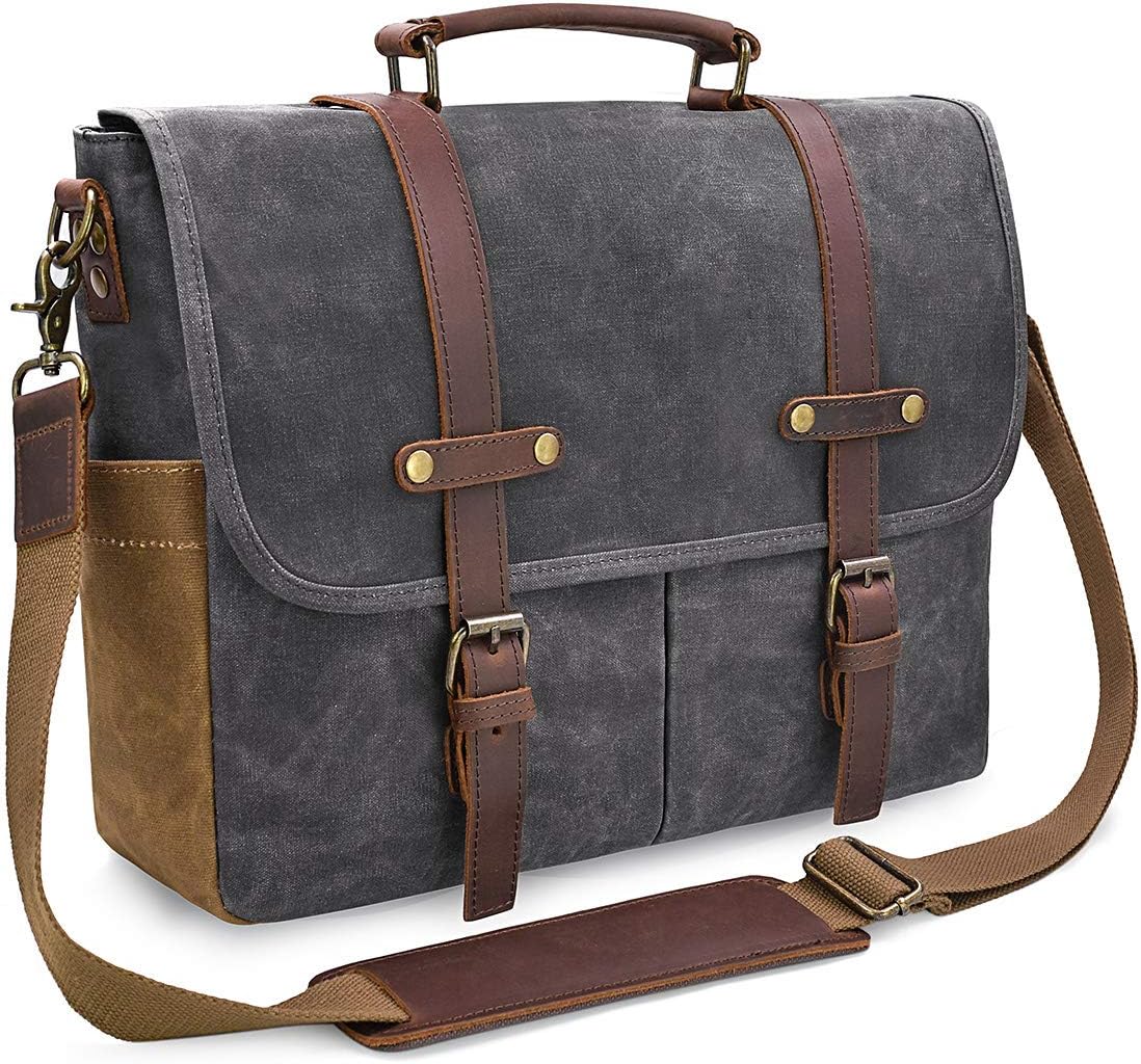 15.6 Inch Mens Messenger Bag Waterproof Vintage Genuine Leather Waxed Canvas Briefcase Large Leather Computer