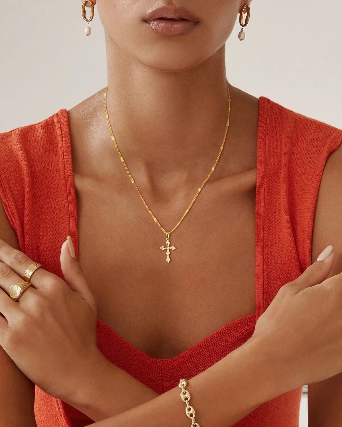 Stackable Cross Pendant Necklace: 14K Gold Plated Simple Silver Charm Choker for Her, Women and Teens
