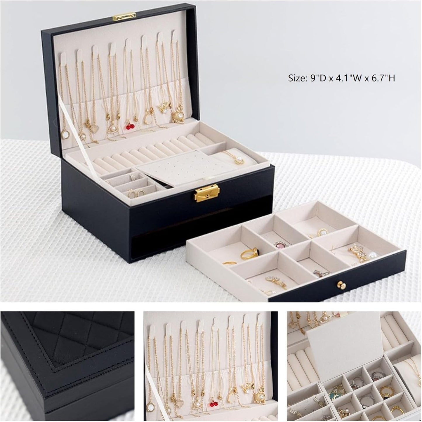 Jewelry Box - Large PU Leather Jewelry Organizer Storage Case with Two Layers Display