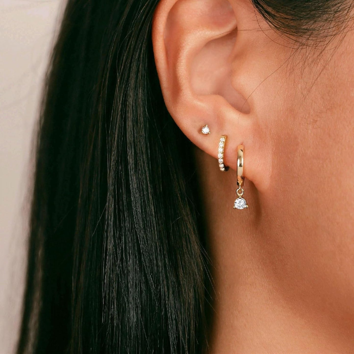 3 Pairs Small Gold Hoop Earring, 14K Gold Plated Earring Stacks Butterfly Heart Star Moon Bow Four Leaf Rhombus Round CZ Pearl