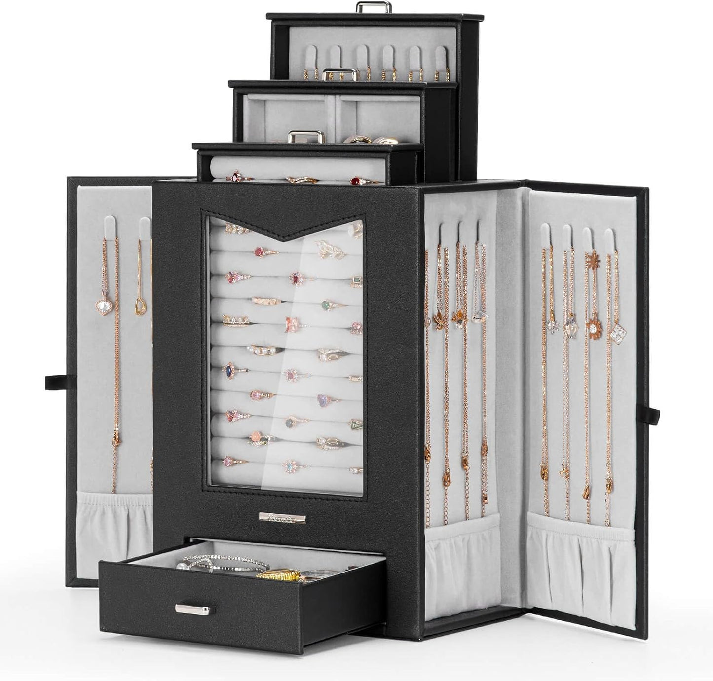 Jewelry Organizer with Transparent Window Necklace Hooks Jewelry Box for Necklaces Rings Earrings Bracelets