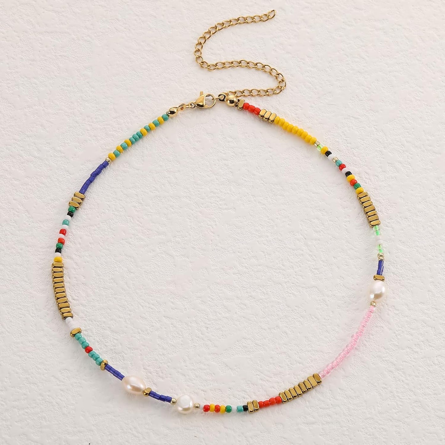 Colorful Beaded Necklace - Freshwater Pearl & Evil Eye Pendant, Stainless Steel 18K Gold Plated Y2K Trendy Jewelry for Women & Teen Girls