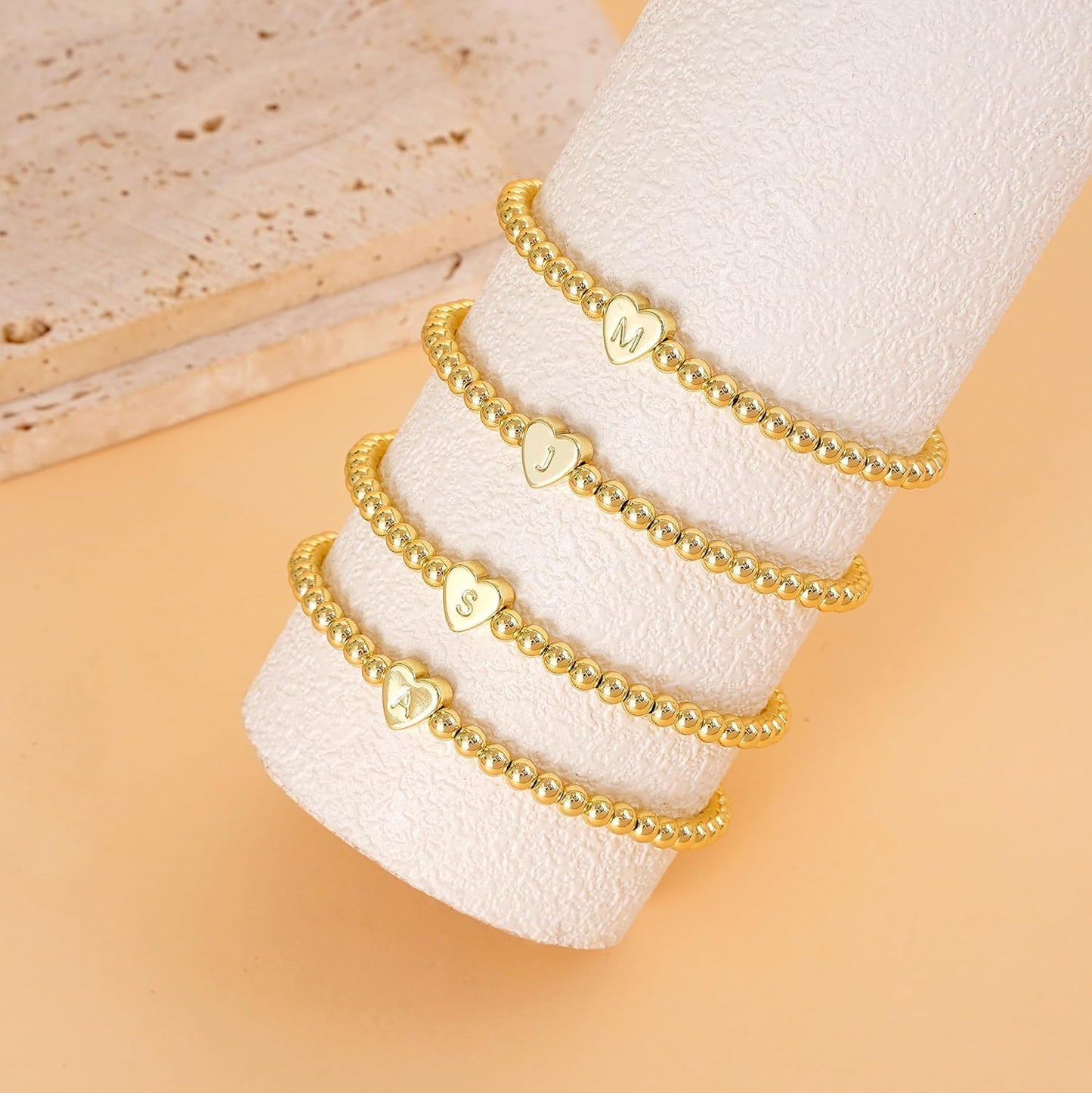Gold Initial Beaded Bracelets for Women,14K Gold Plated Heart Letter Bracelets Handmade Ball Bead Bracelet