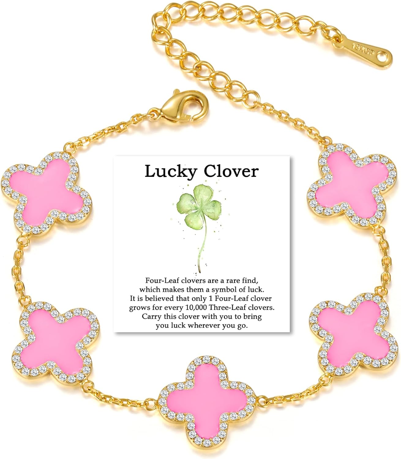 Qitian Clover Bracelet for Women 18K Gold Four Leaf Pink Lucky Link Clover Bracelets, Trendy Bracelets Set