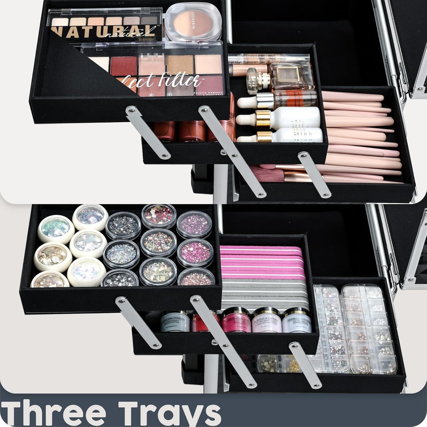 Rolling Makeup Case Cosmetic Travel Trolley Storage Sliding Drawer 4 Tray Makeup Travel Case
