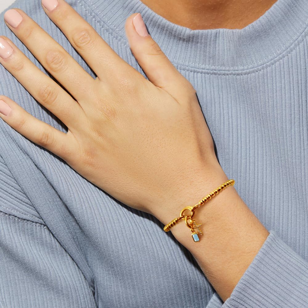 Free bird Cross Birthstone Bracelet | Dainty 14K Gold Plated Cross Charm Bracelet | Stretchable Elastic Gold Beaded Bracelet