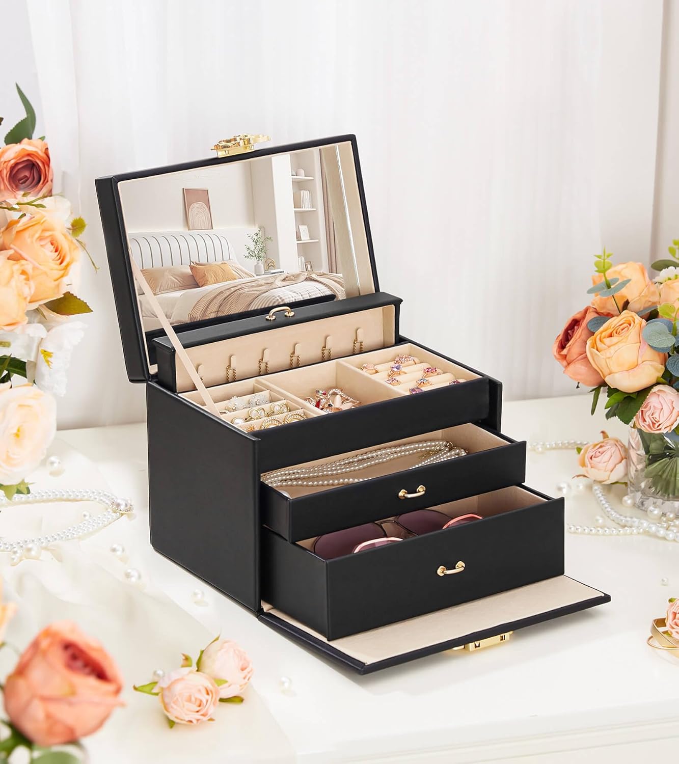 Jewelry Box with Lock: Jewelry Organizer for Dresser - 3-Drawer Earrings Storage