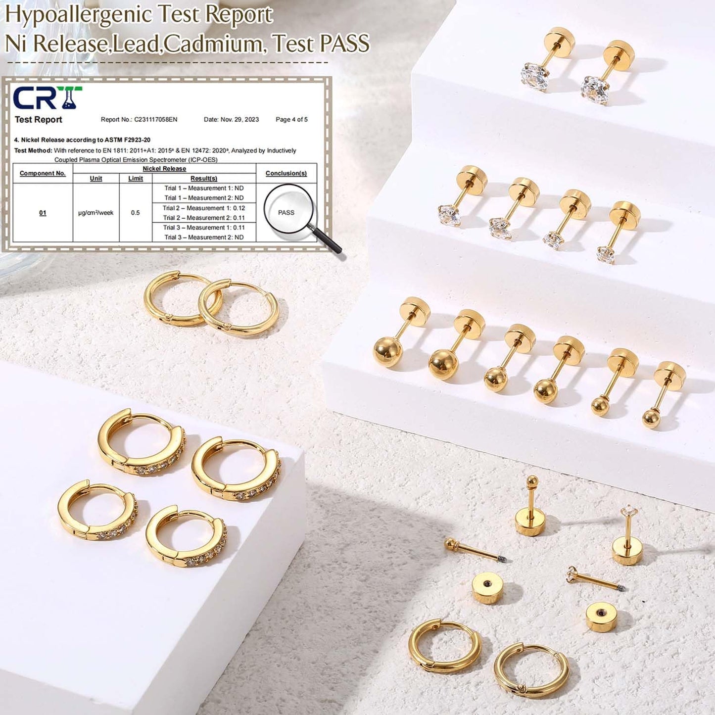 Jstyle Surgical Steel Earrings for Sensitive Ears 14K Gold Flat Back Earrings for Women Men Small Stainless Steel Earrings
