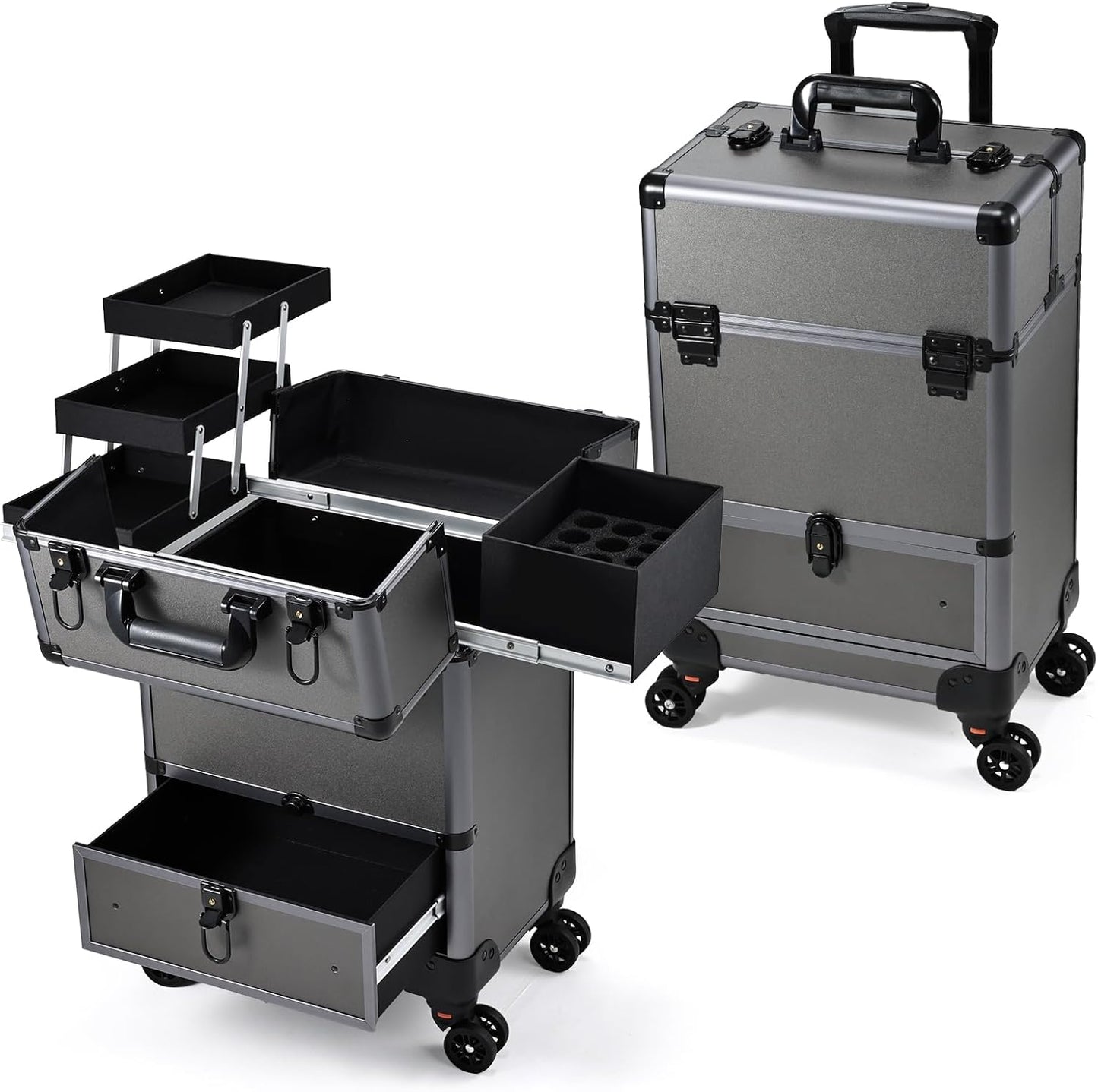 Rolling Makeup Case Cosmetic Travel Trolley Storage Sliding Drawer 4 Tray Makeup Travel Case