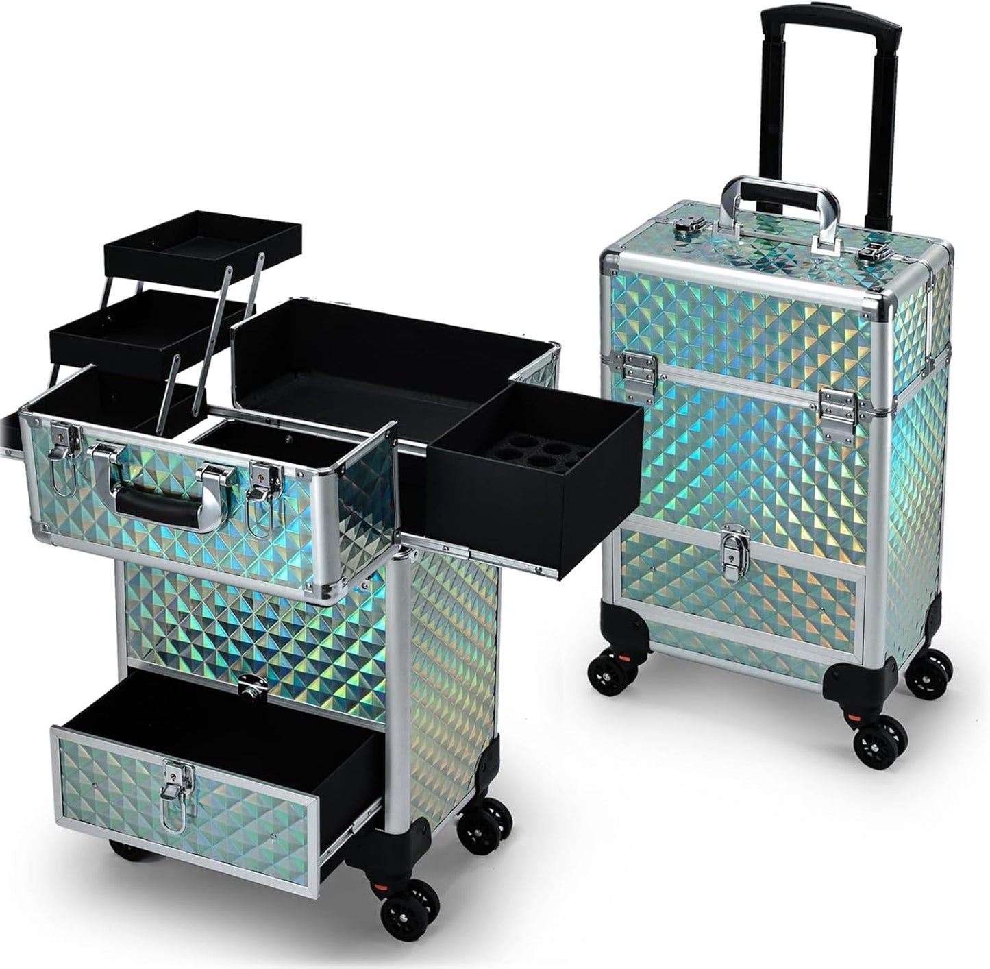 Rolling Makeup Case Cosmetic Travel Trolley Storage Sliding Drawer 4 Tray Makeup Travel Case
