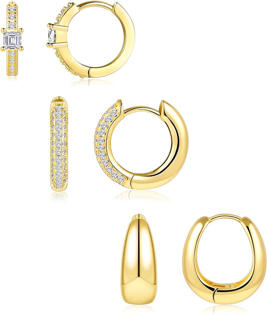 Small Sterling Silver Huggie Hoop Earrings Set for Women, 14K Gold Plated Hoops Stacks for Multiple Piercings