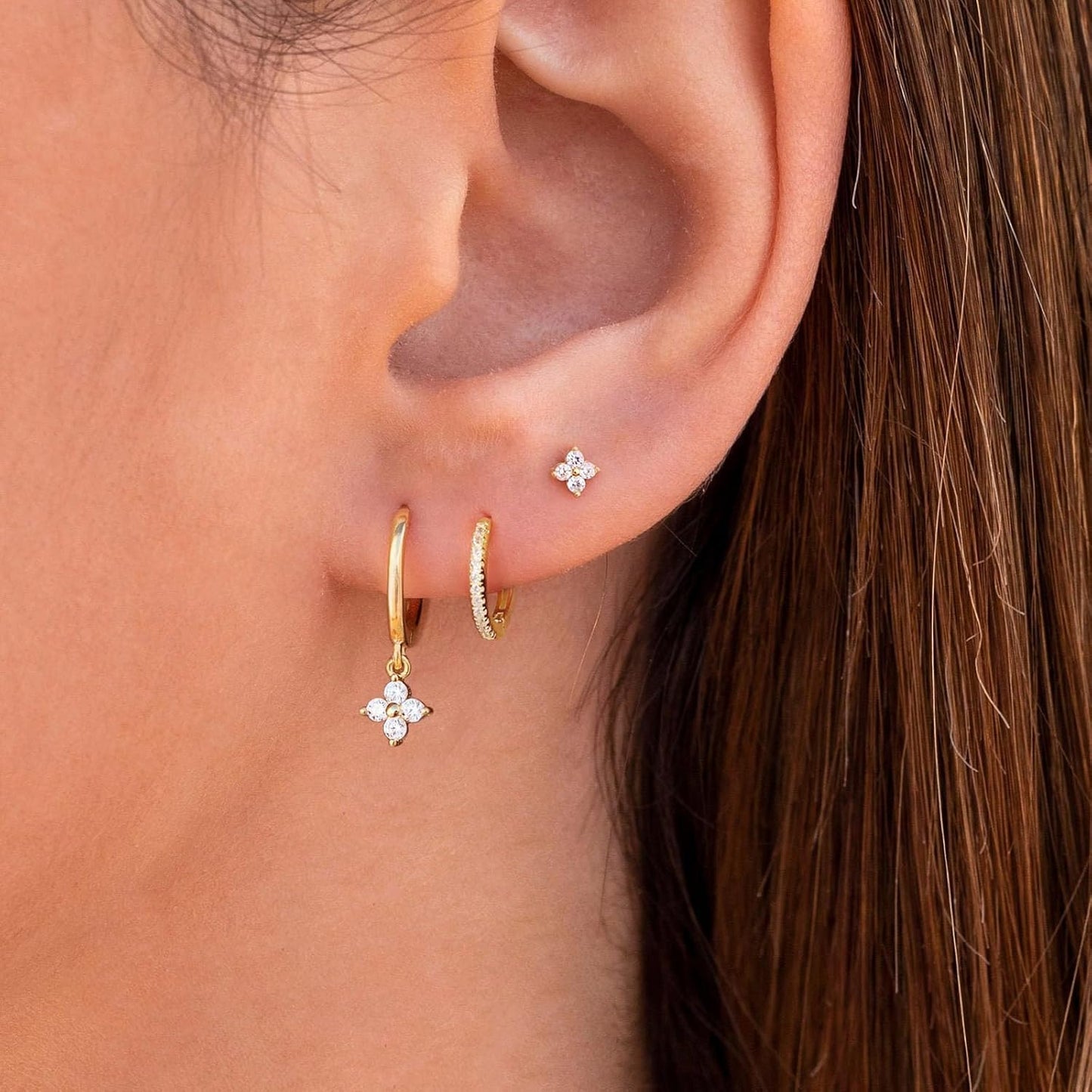 3 Pairs Small Gold Hoop Earring, 14K Gold Plated Earring Stacks Butterfly Heart Star Moon Bow Four Leaf Rhombus Round CZ Pearl