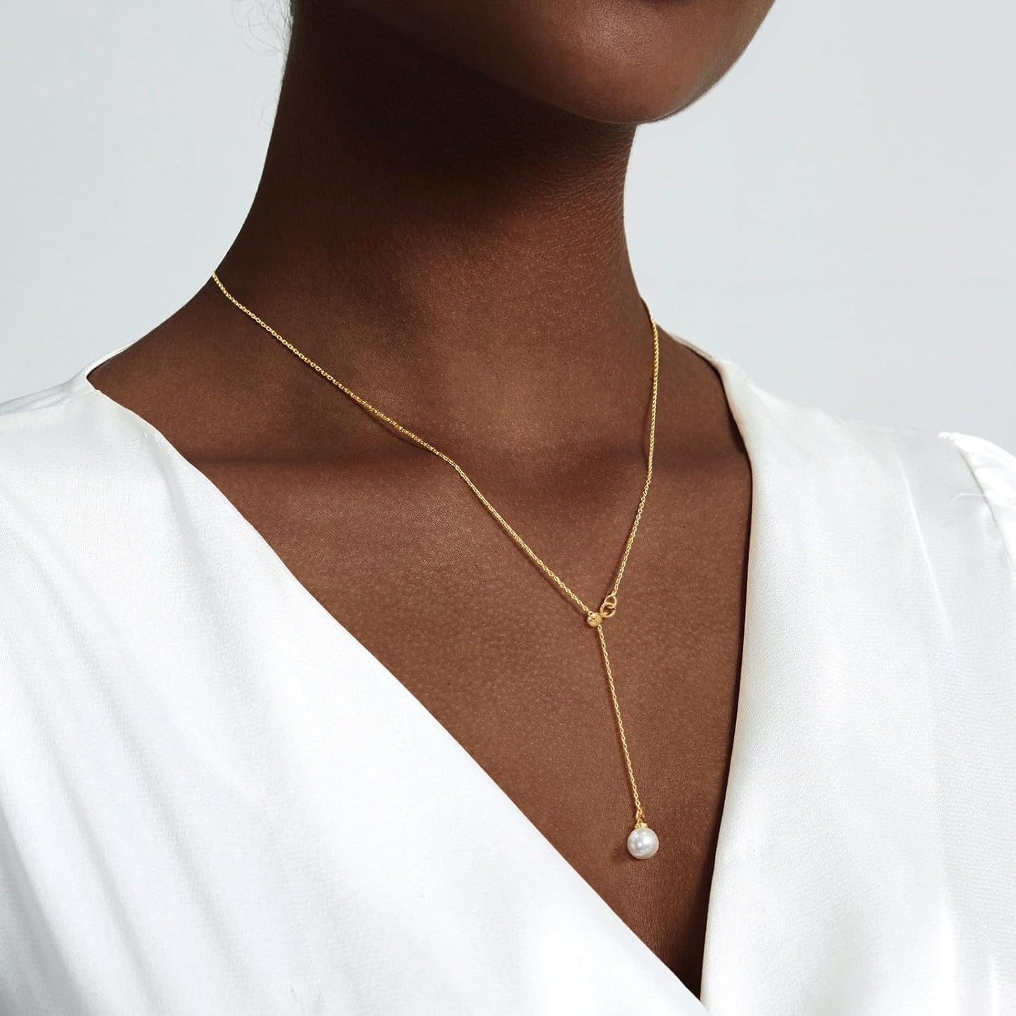 Lariat Gold Necklace for Women: Dainty 14K Gold Plated/Silver Y-Shaped Beaded Drop Chain, Trendy Gift