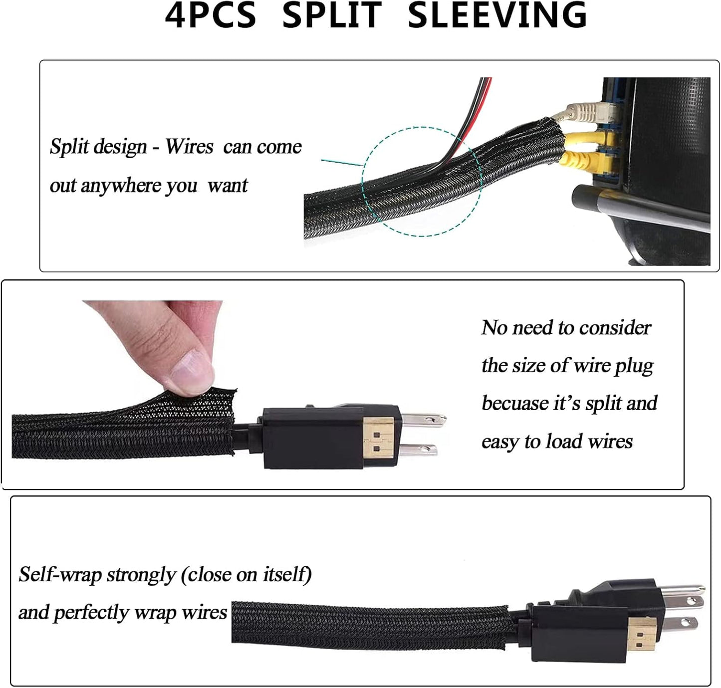 OMOMMD  Cord Management Organizer Kit 4 Cable Sleeve split with 41Self Adhesive Cable Clips Holder, 10pcs and 2 Roll Self Adhesive tie and 100 Fastening Cable Ties for TV Office Car Desk Home