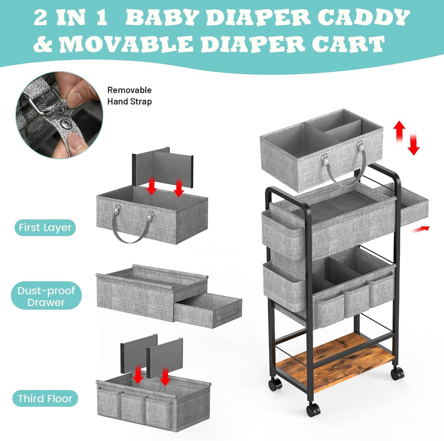 2In1  Diaper Caddy & 4-Tier Rolling Diaper Cart, Diaper Caddy Organizer Cart with Dividers & Drawer