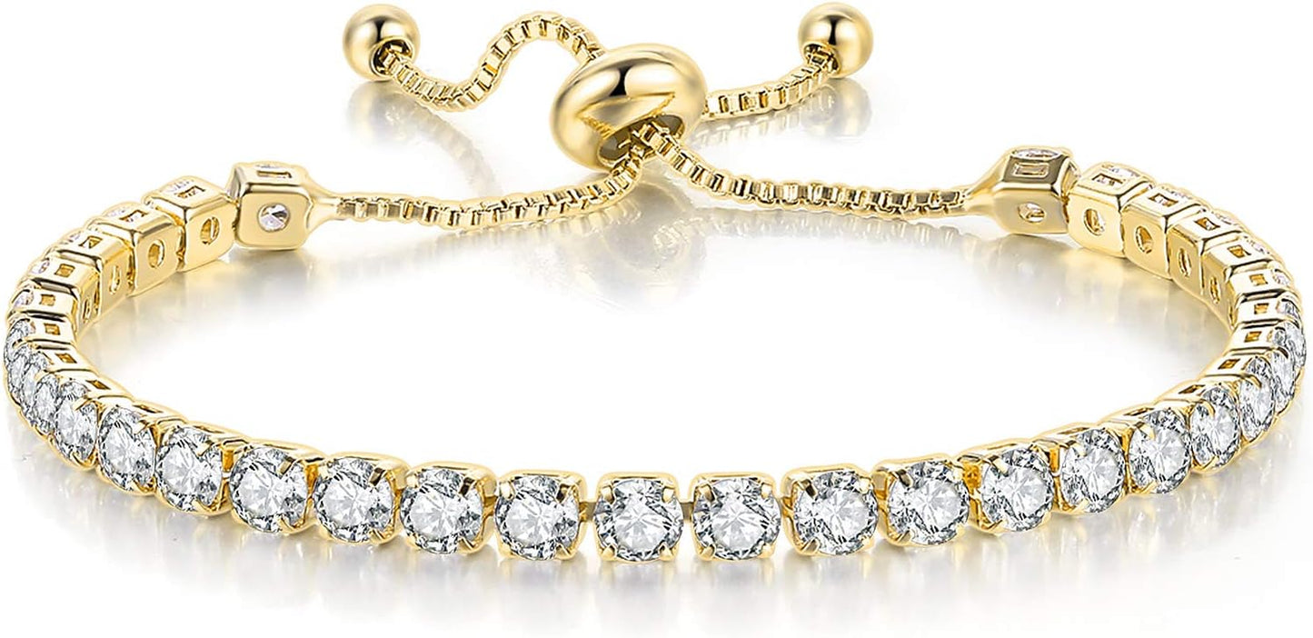 Tennis Bracelets for Women White Gold Plated Diamond AAA+ Cubic Zirconia CZ Dainty Classic Adjustable Slider