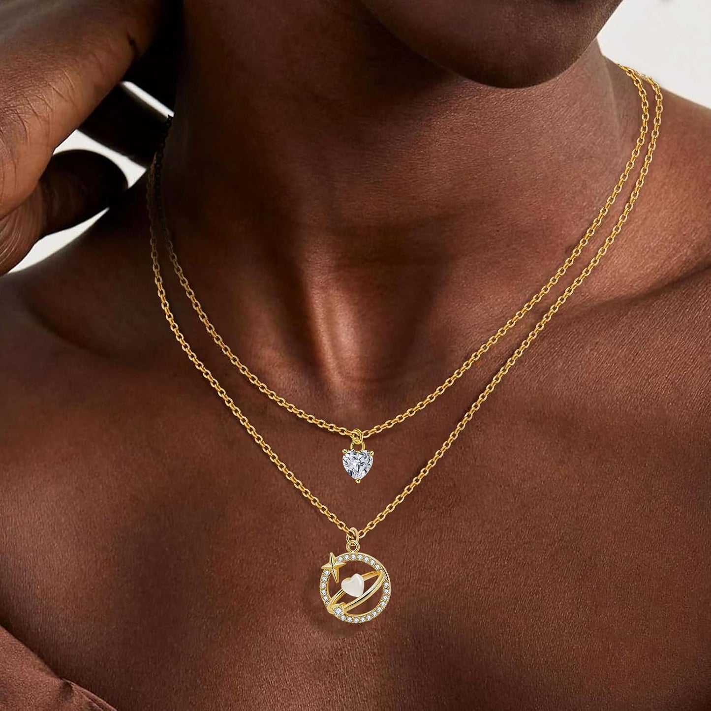 Double Layer Pendant Necklace For Women: 14K Gold/Platinum Plated Over Copper Alloy, Fashion Multi-Layer Chain Jewelry Gift