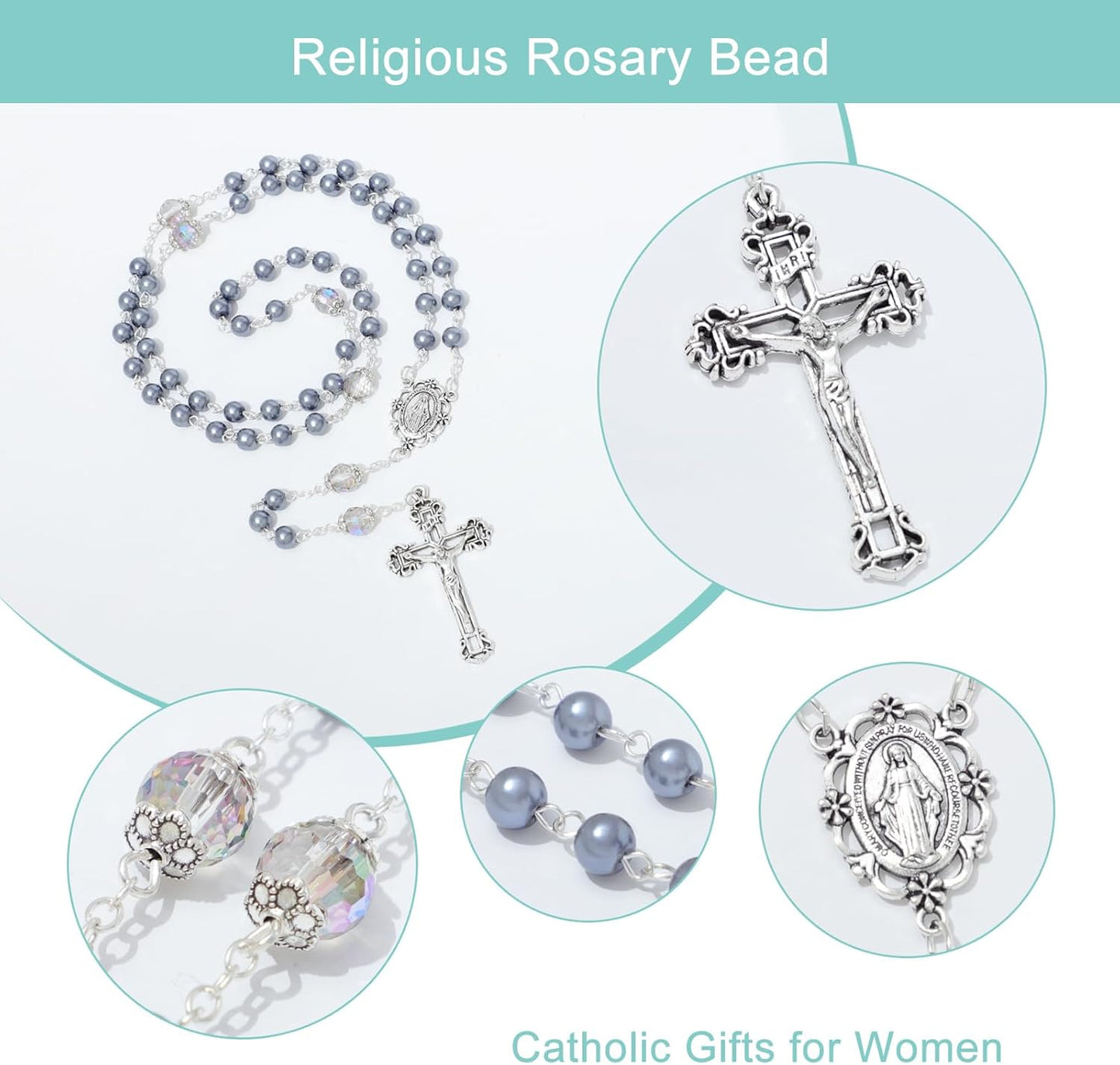 6mm Pearl Rosary Beads With Crucifix - Women's Catholic Prayer Necklace, Gift Box & Pouch Included