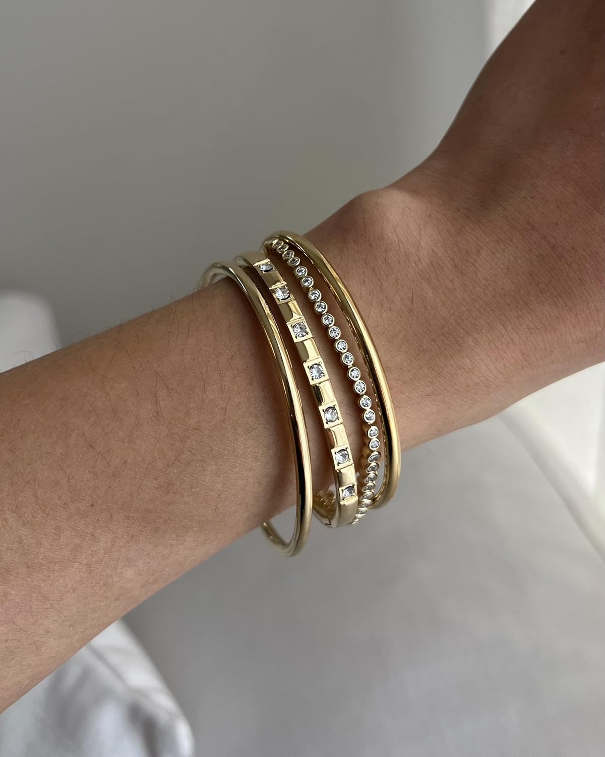 14K-18K Gold Plated Simulated Diamonds Bezel Set Tennis  -  Round Pear Heart Statement Bride Gold Bracelet Stack - Sizes 6.5-7.5 Inch