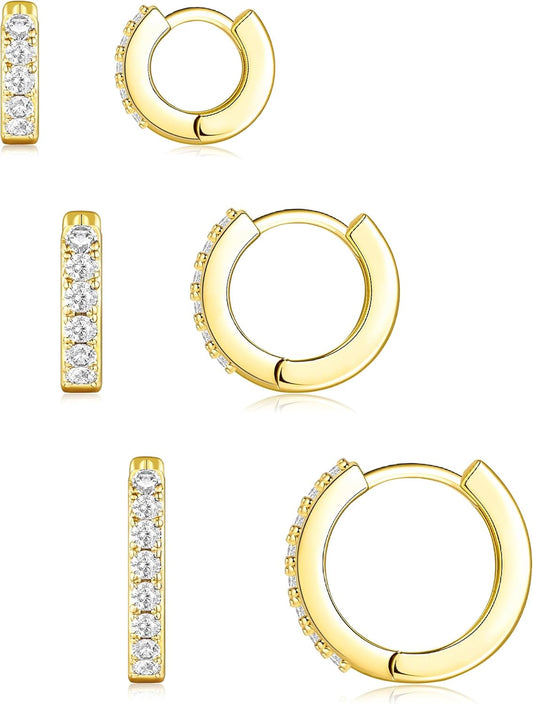 Small Sterling Silver Huggie Hoop Earrings Set for Women, 14K Gold Plated Hoops Stacks for Multiple Piercings