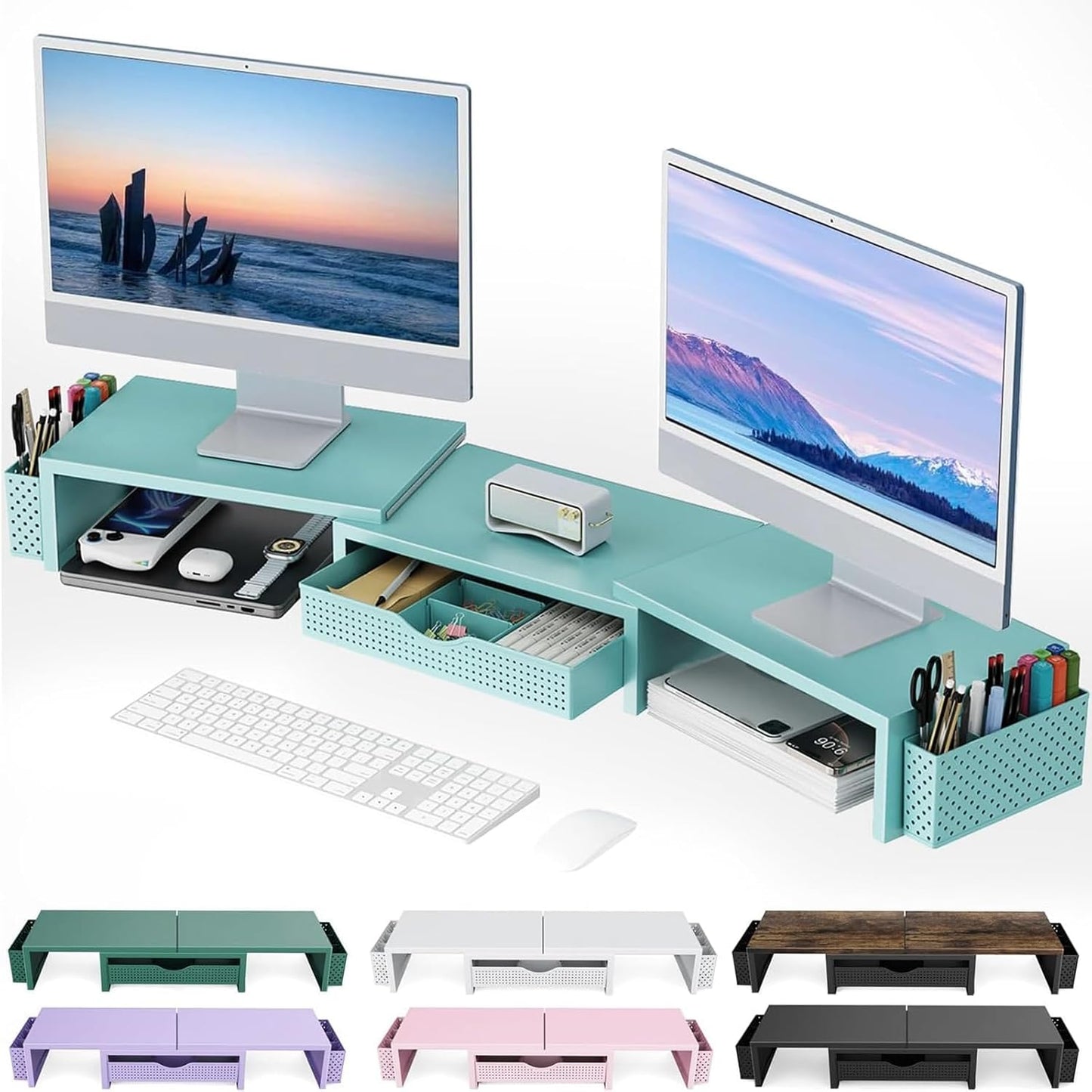 Dual Monitor Stand Riser, Desk Organizer With Drawer and 2 Pen Holders,Shelf for Top of Desk