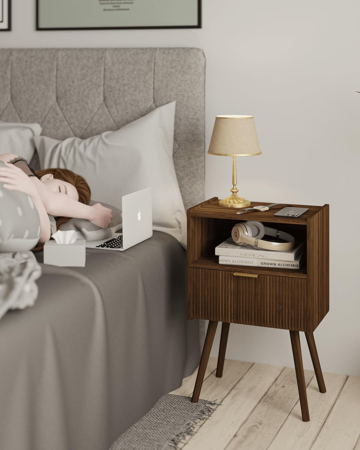 Nightstand, with Storage Drawer and Open Wood Shelf,  Accent Night Stand Easy Assembly