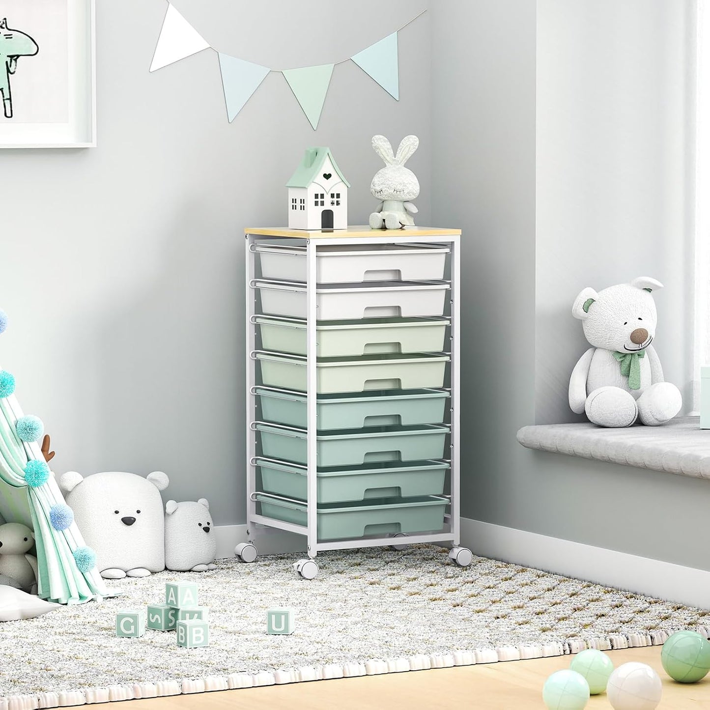OMOMMD Rolling Storage Utility Cart Organizers with 8 Drawers and Wooden Tabletop for Living Room,Office,Classroom,Craft Room,Bedroom,Dorm,Green