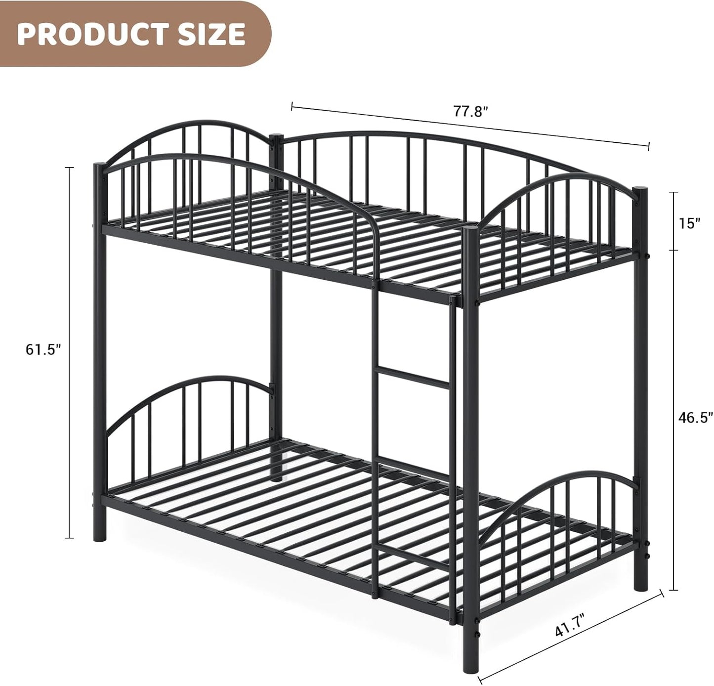 Metal Bunk Bed Twin Over Twin, Heavy Duty Bunkbeds Frame with Arched Guardrail and Safety Ladder, Sturdy Steel Bed for Kids Boys Girls, Space-Saving, No Box Spring Needed, Modern Black