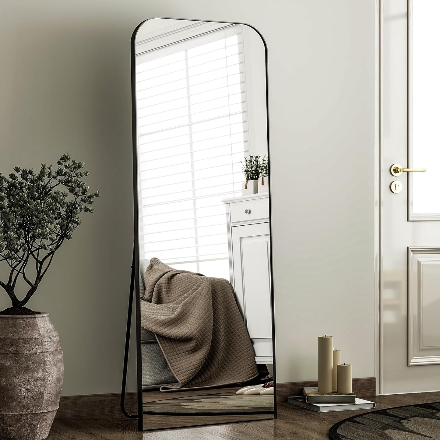 57"x20" Full Length Mirror, Black Rounded Corner Aluminum Frame Standing Mirror, Hanging