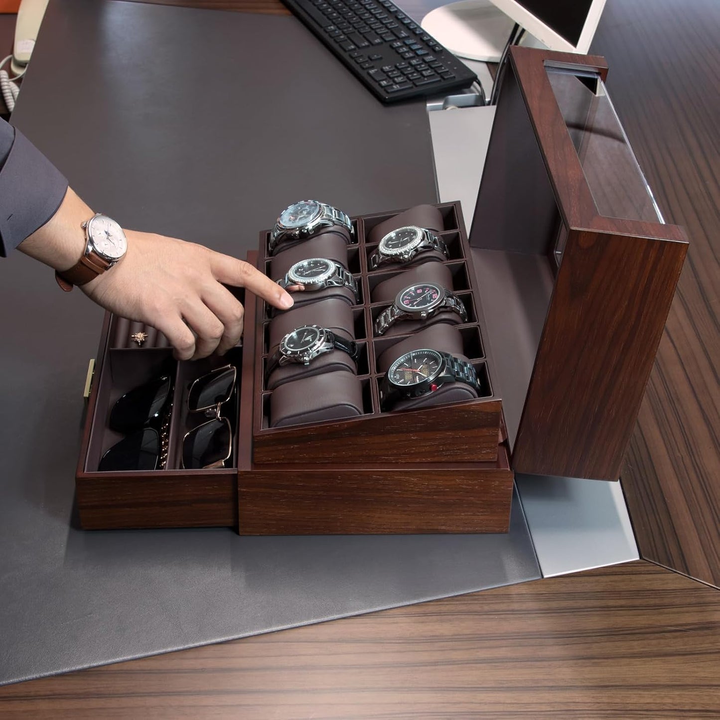 High End Watch Box for Men, 12 Slot Wooden Watch Case With Drawer, Watch Display Box with Glass Lid