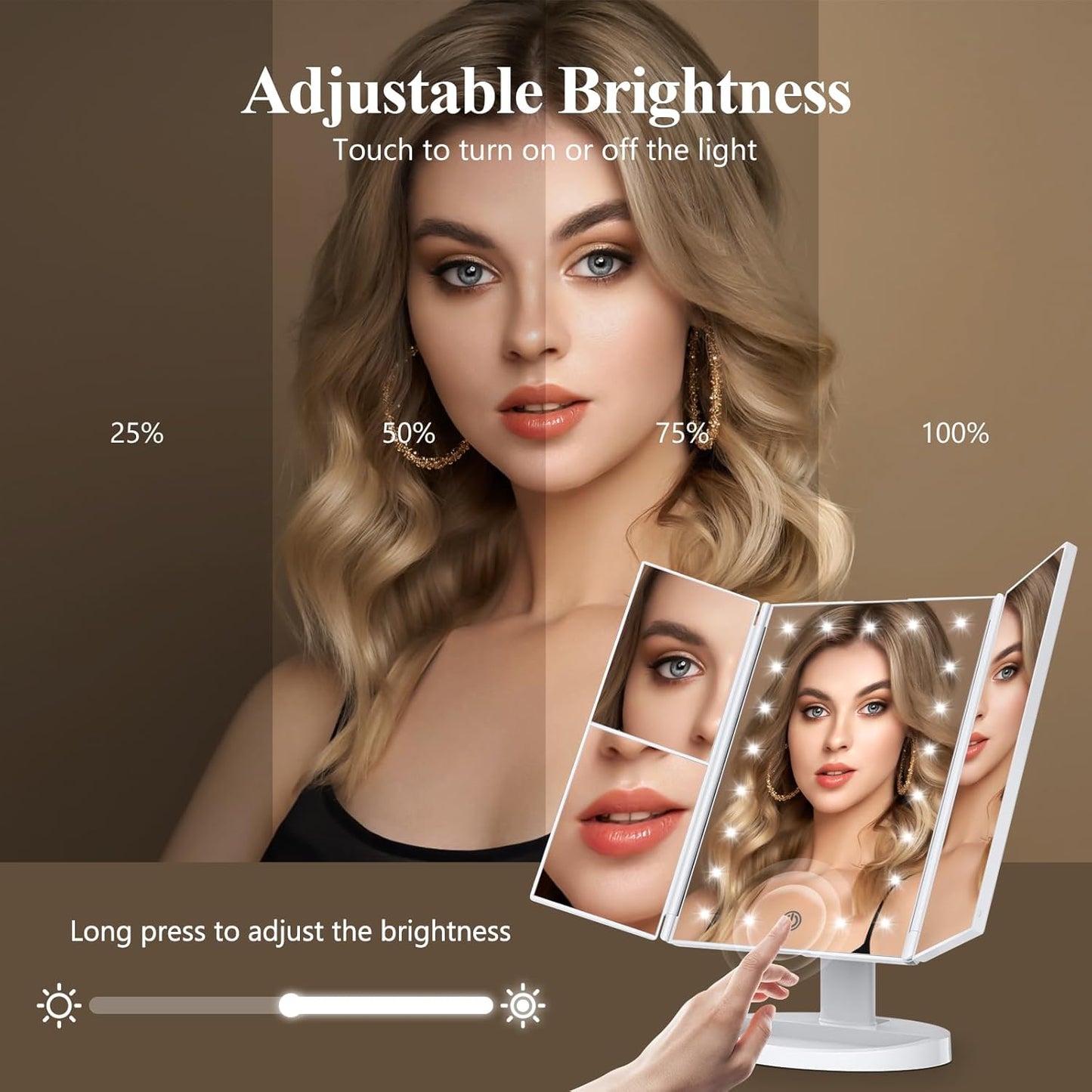 Makeup Mirror Vanity Mirror with Lights, 2X, 3X, 10X Magnification, Touch Control, Trifold, Modern Style