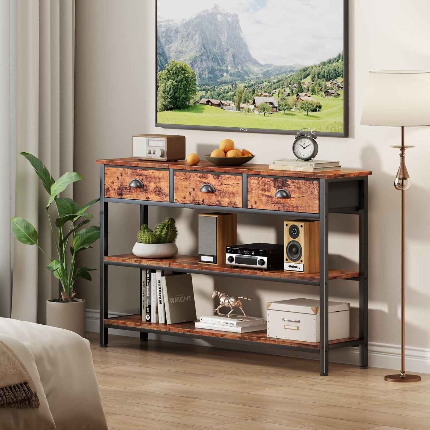 Long 47" Console Sofa Table with 3 Drawers, Entryway Table with 3-Tier Storage Shelves