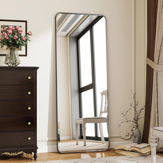 Black Full Length Mirror, 56"x21" Rounded Corner Floor Mirror Standing Hanging