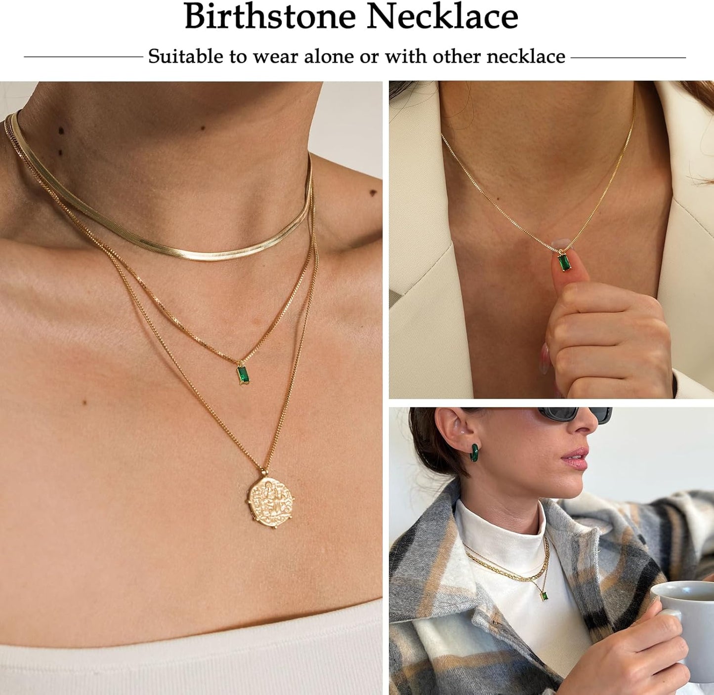 Emerald Birthstone Necklace, 14K Gold Plated Dainty Pendant for Women & Mothers, Green Cubic Zirconia Birthday Gift Jewelry