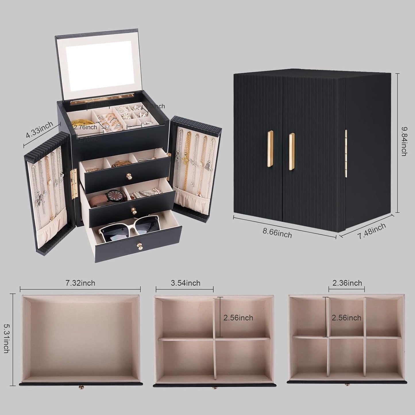 Large Jewelry Box for Women, Jewelry Organizer Box with 3 Drawers, Jewelry Storage Organizer with Mirror