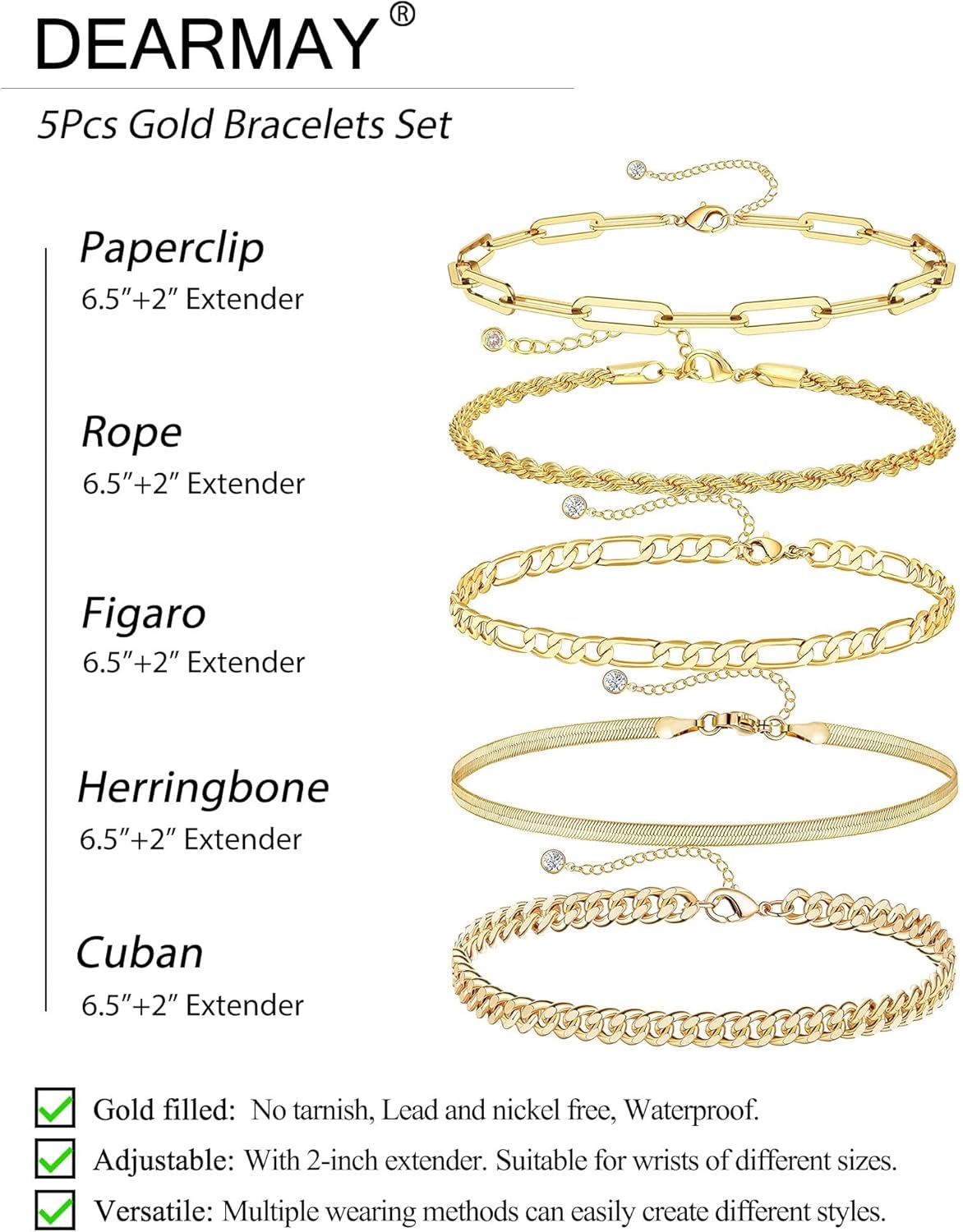 Gold Bracelets for Women Waterproof, 14K Real Gold Jewelry Sets Trendy Thin Dainty Stackable Cuban Link