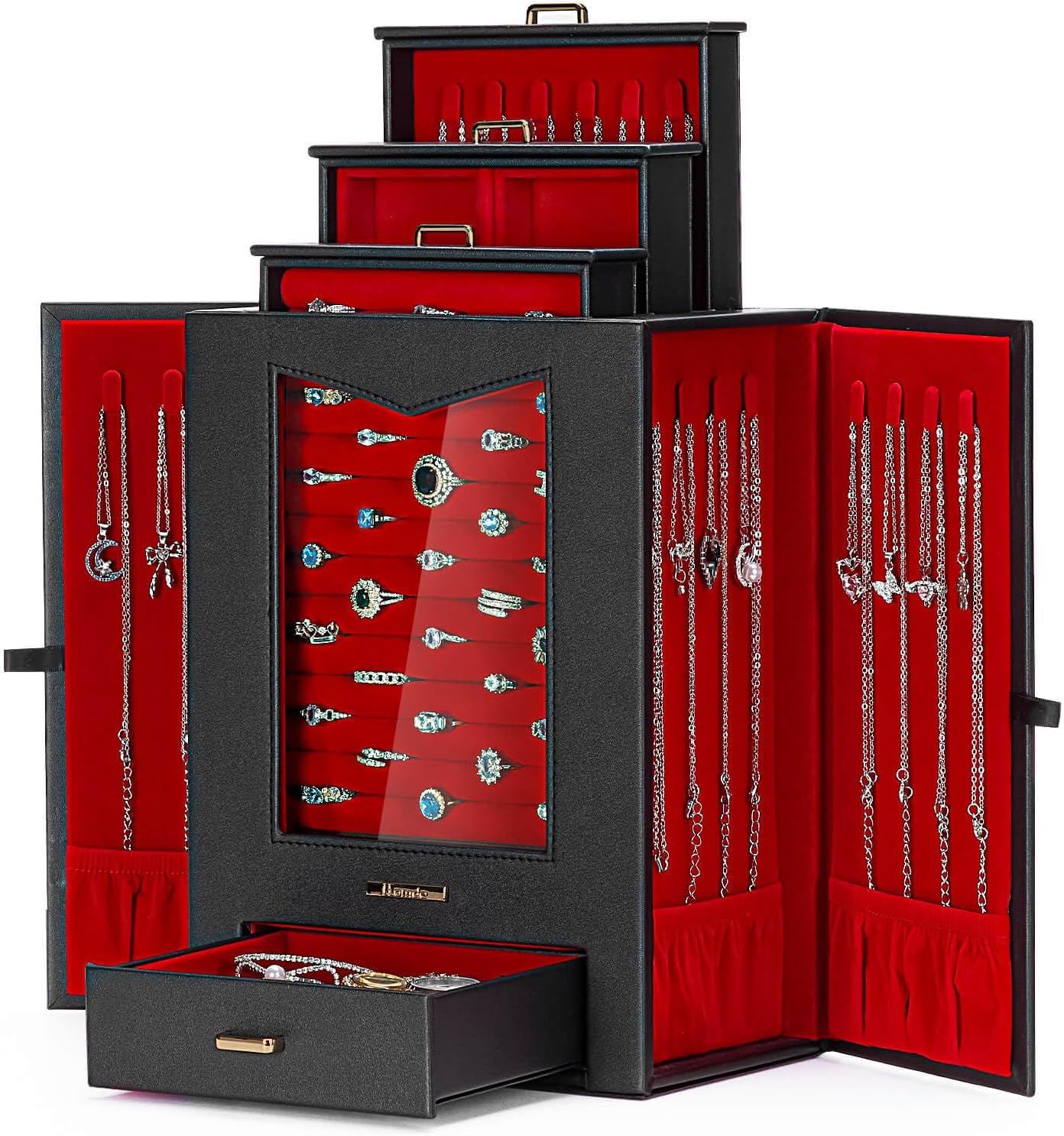 Jewelry Organizer with Transparent Window Necklace Hooks Jewelry Box for Necklaces Rings Earrings Bracelets