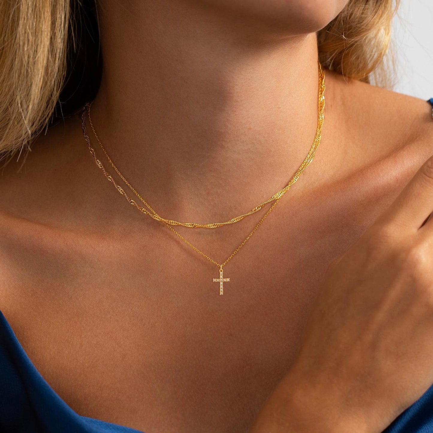 Dainty Layered Cross Necklace: 14K Gold Plated Real Silver Adjustable Choker Gift for Women and Teen Girls