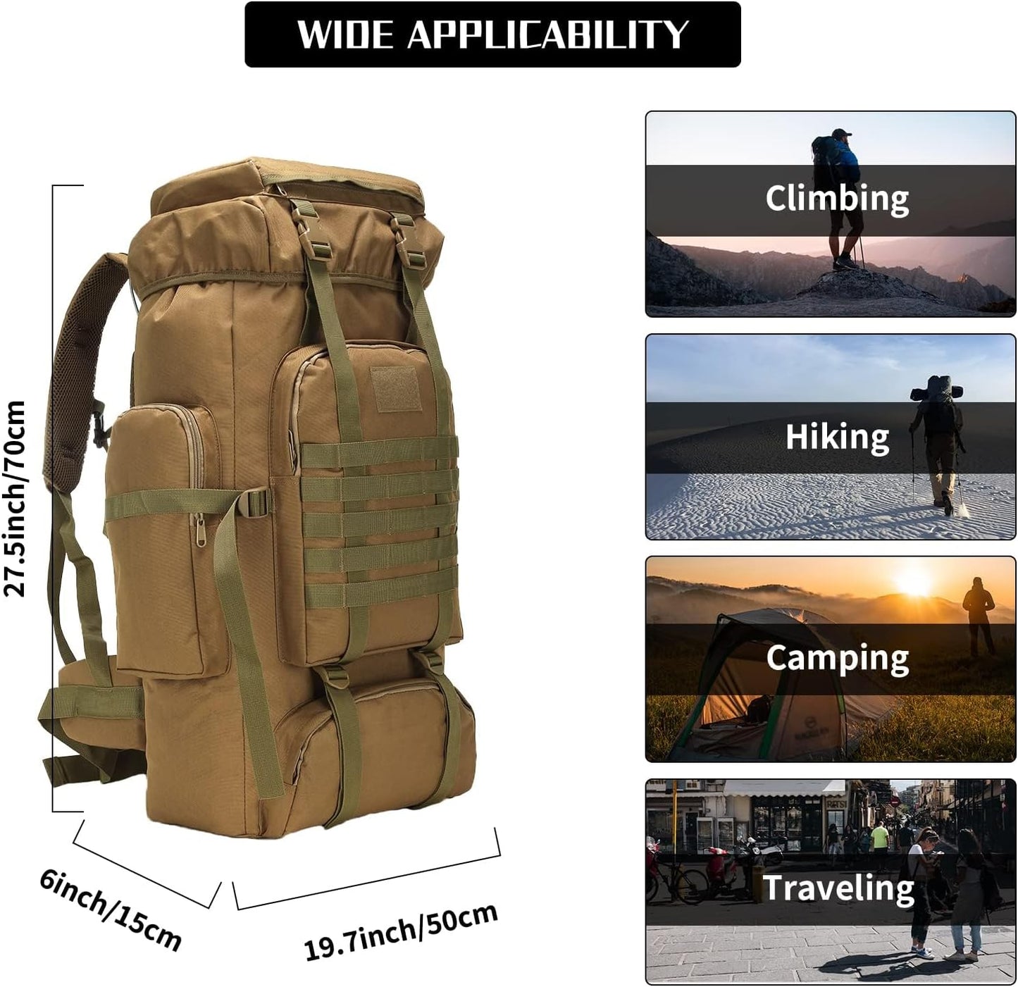 Hiking Backpack for Men 70L Camping Backpack Military Rucksack - 3 Days Assault Pack for Climbing