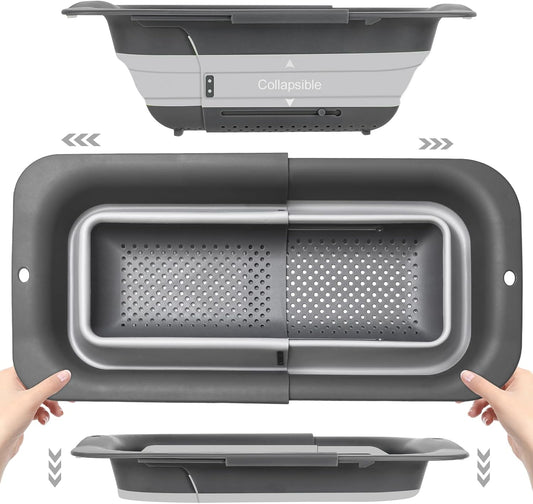 Collapsible Colander Strainer, Expandable Over the Sink Colander for Kitchen, Adjustable Silicone Sink Strainer