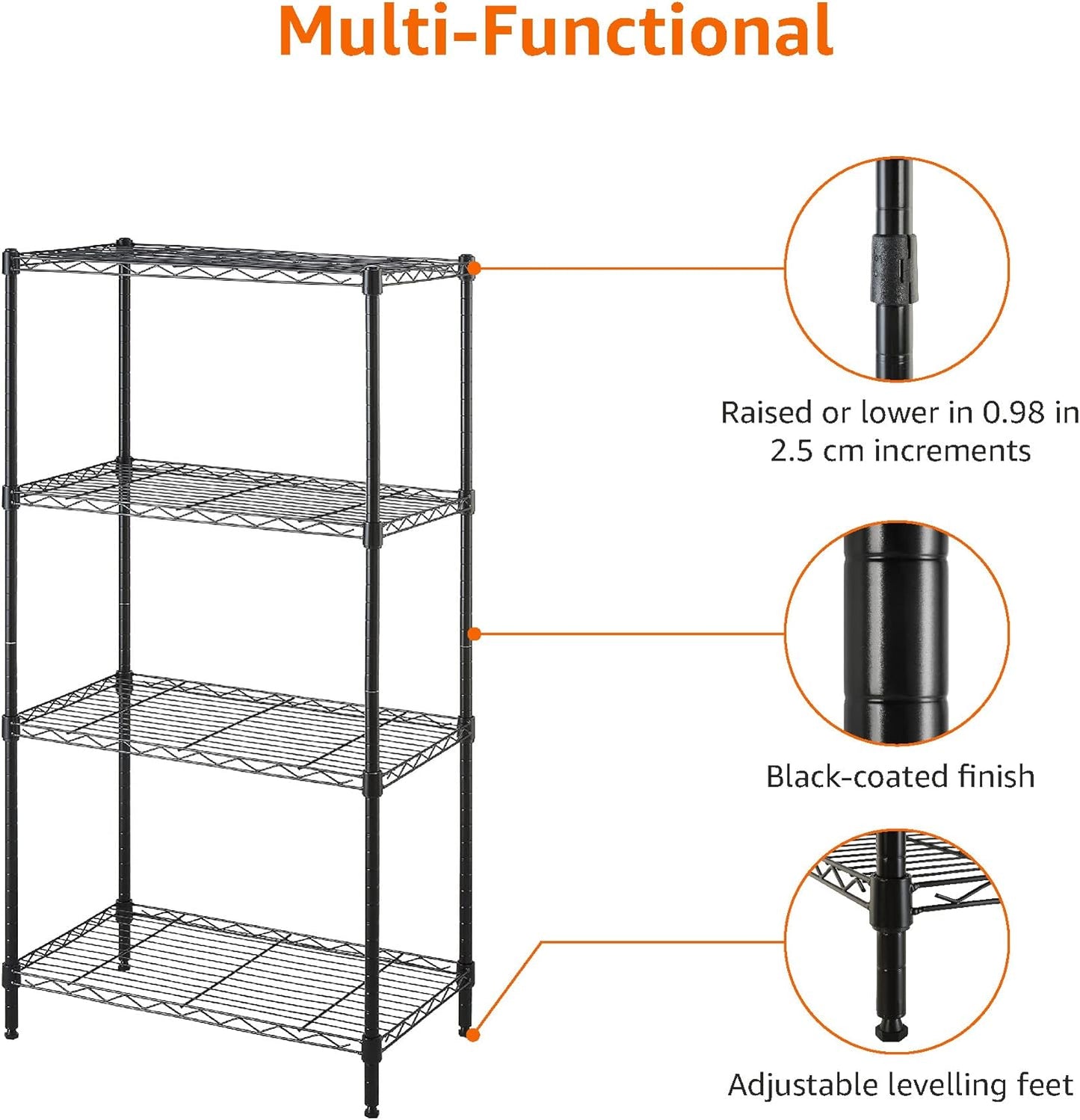 4-Shelf Steel Wire Storage Rack, Adjustable, Sturdy, Easy Assembly, 13.4 D x 23.2 W x 48 H in