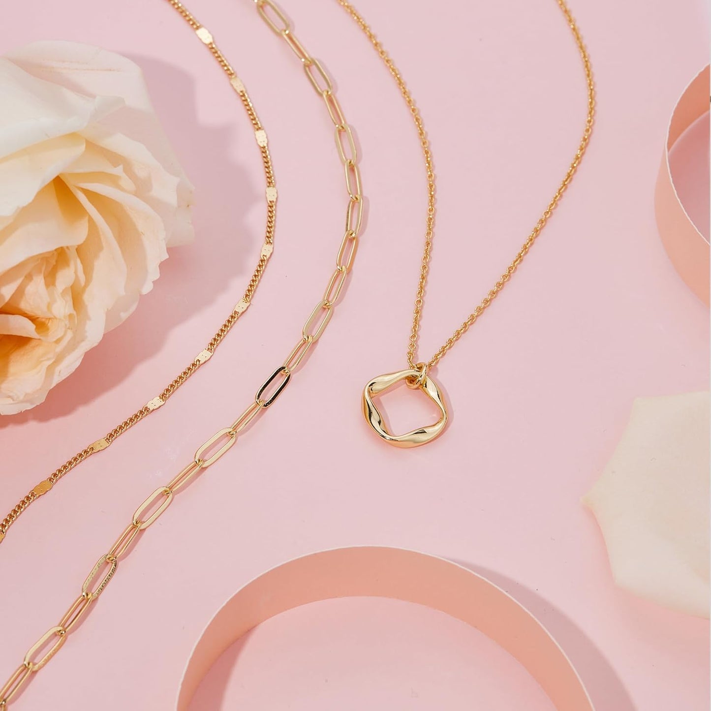 14K Gold Layered Necklace Set – Stackable Paperclip & Circle Pendant Choker for Women