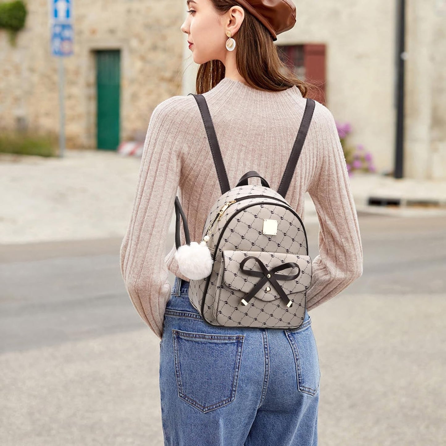 3-Pieces Girls Bowknot Fahsion Leather Backpack Backpack Purse for Women Rucksack