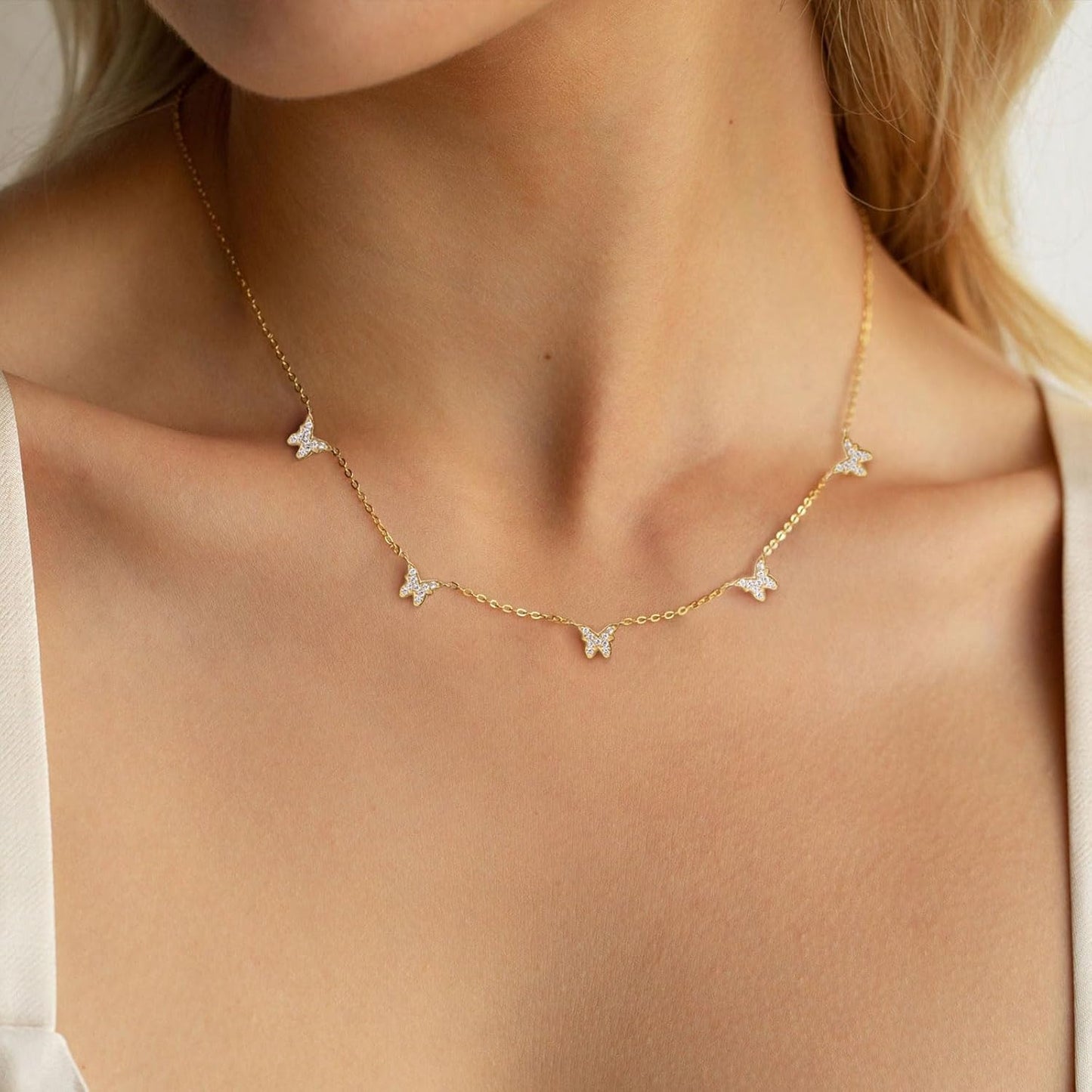 Diamond Necklaces for Women - 14K Dainty Necklace for Women Simple Five Diamond Flower Clover Butterfly Heart Star Necklace Trendy Gold Jewelry